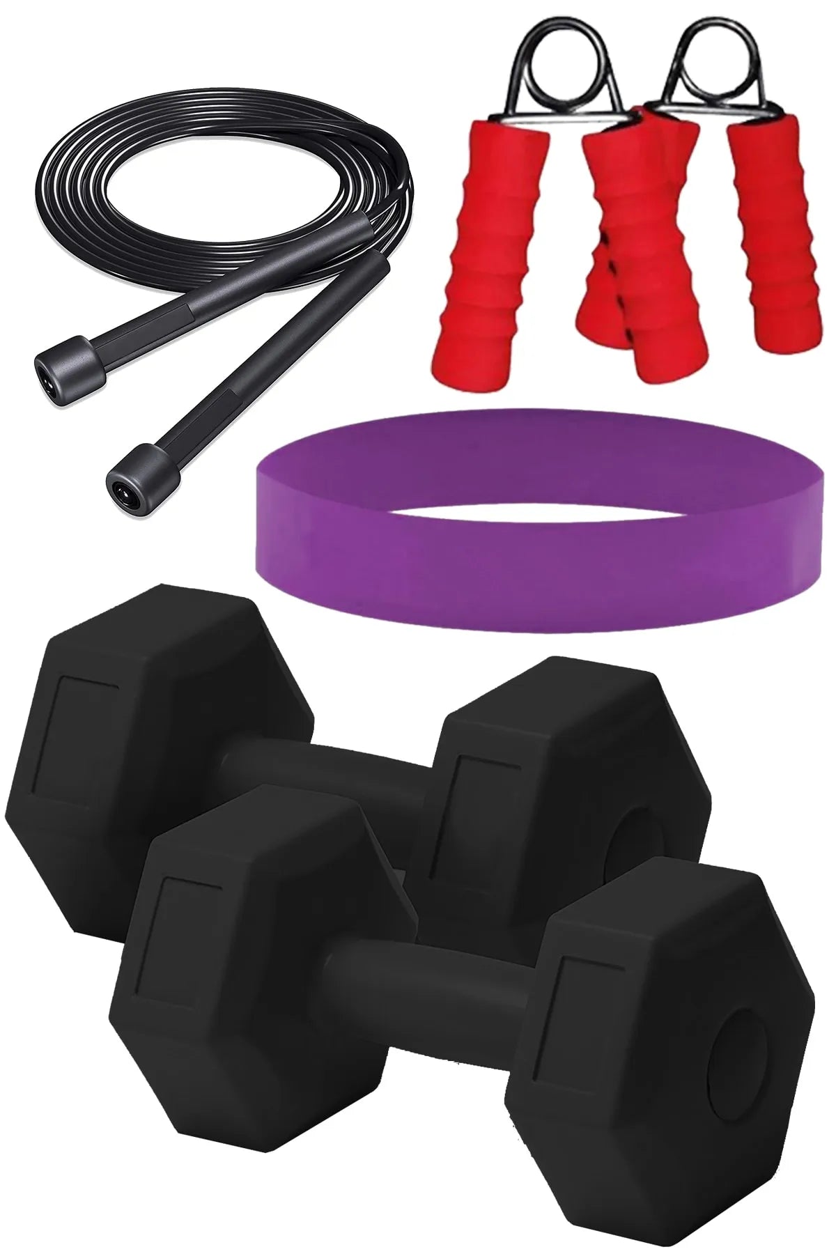 Mini Egzersiz Seti – 6 Parça Dambıl, El Yayı, Atlama İpi ve Squat Bandı