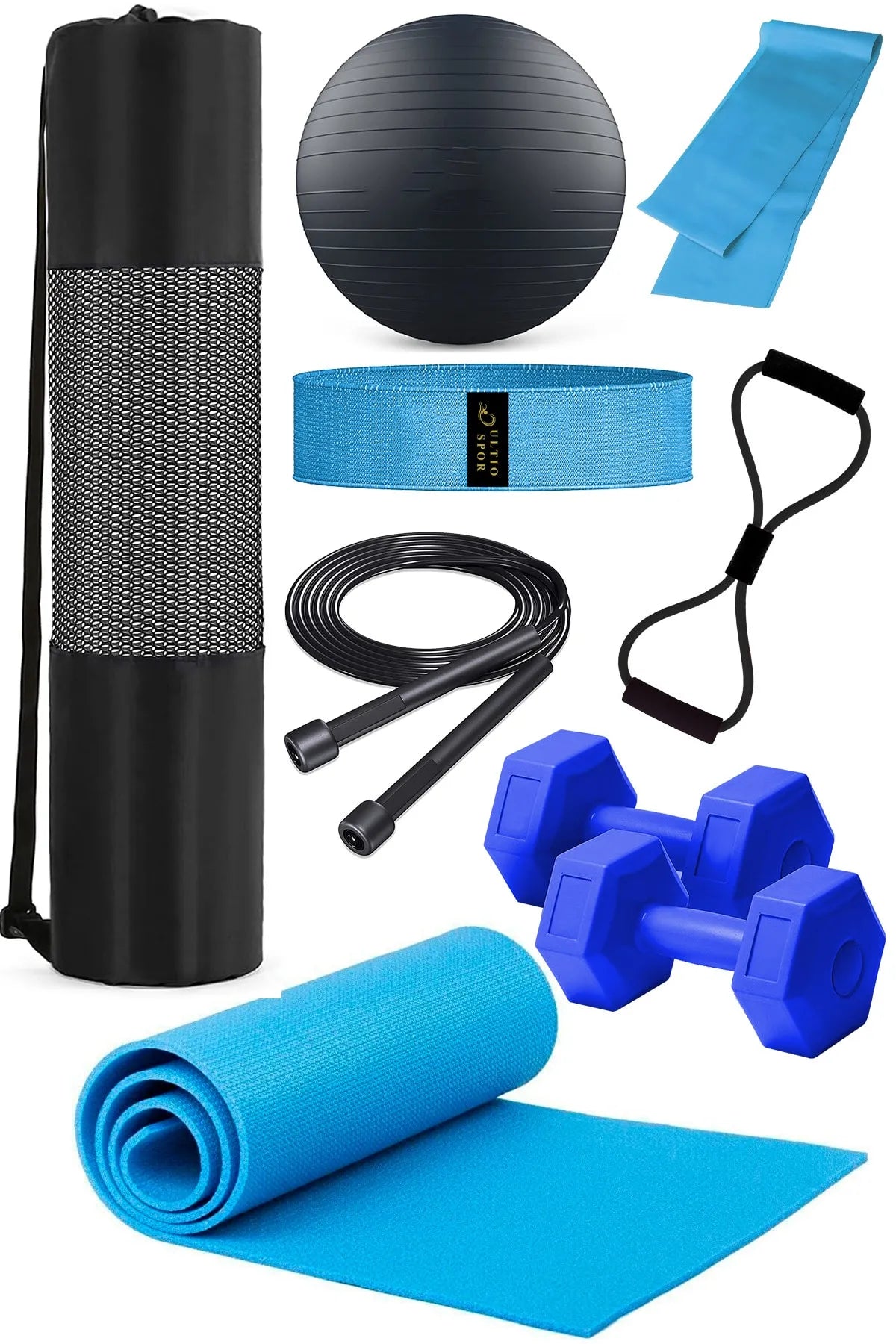9 Parça Pilates ve Egzersiz Seti – Taşıma Çantalı (Mavi)