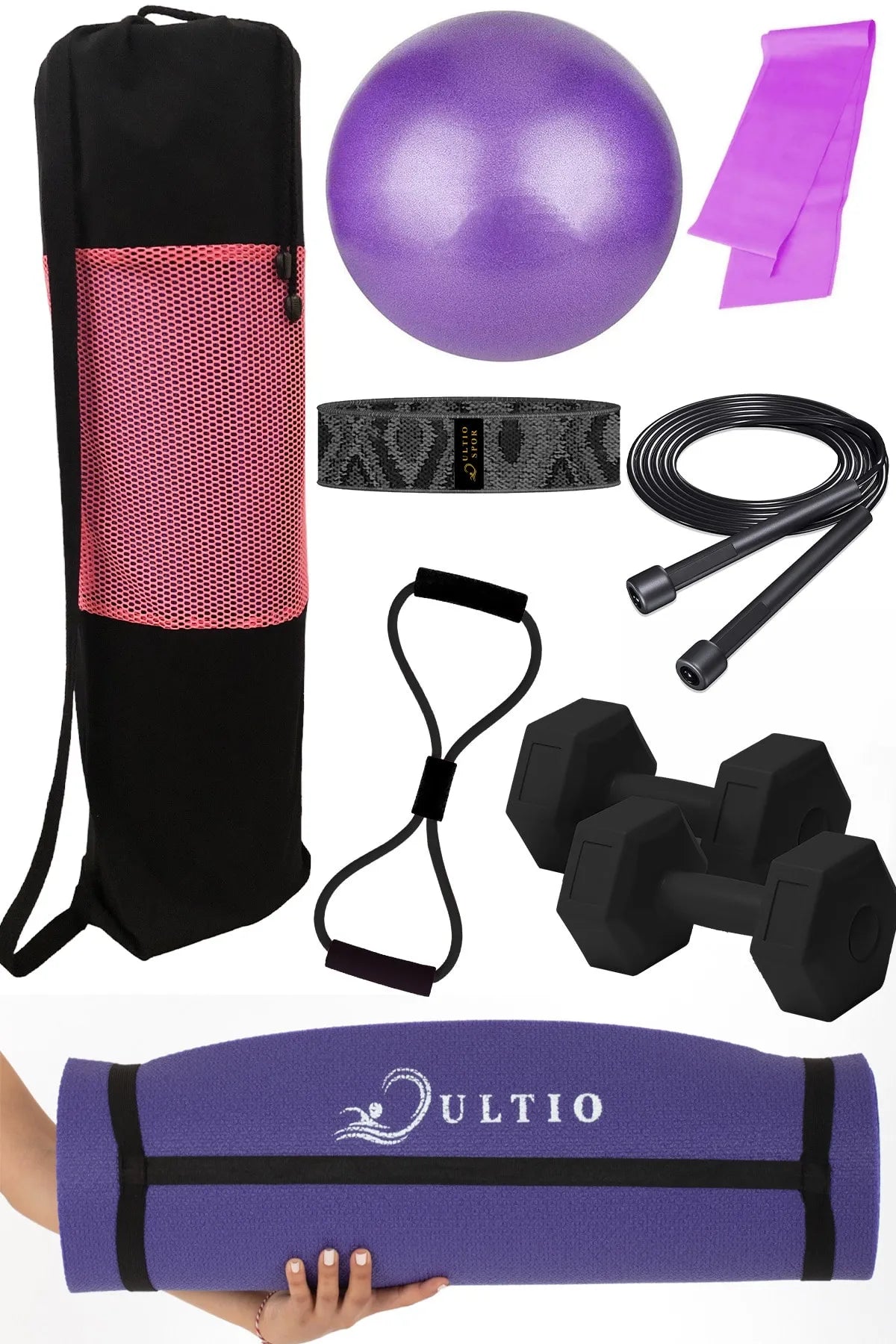 9 Parça Pilates Seti – Pilates Çantalı, Minderli (Mor)
