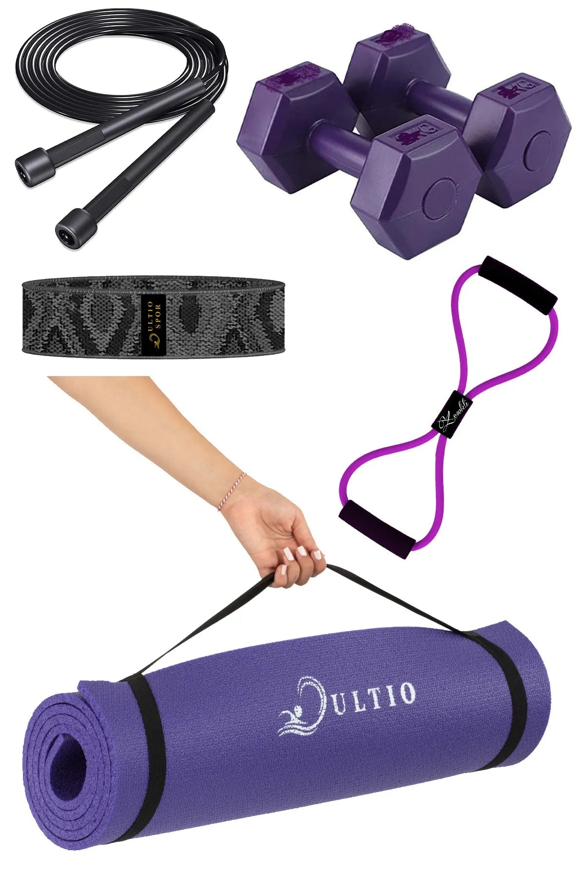 10 mm Pilates Minderi ve 2 Çift 1 Kg Dambıllı Pilates Seti (Mor)