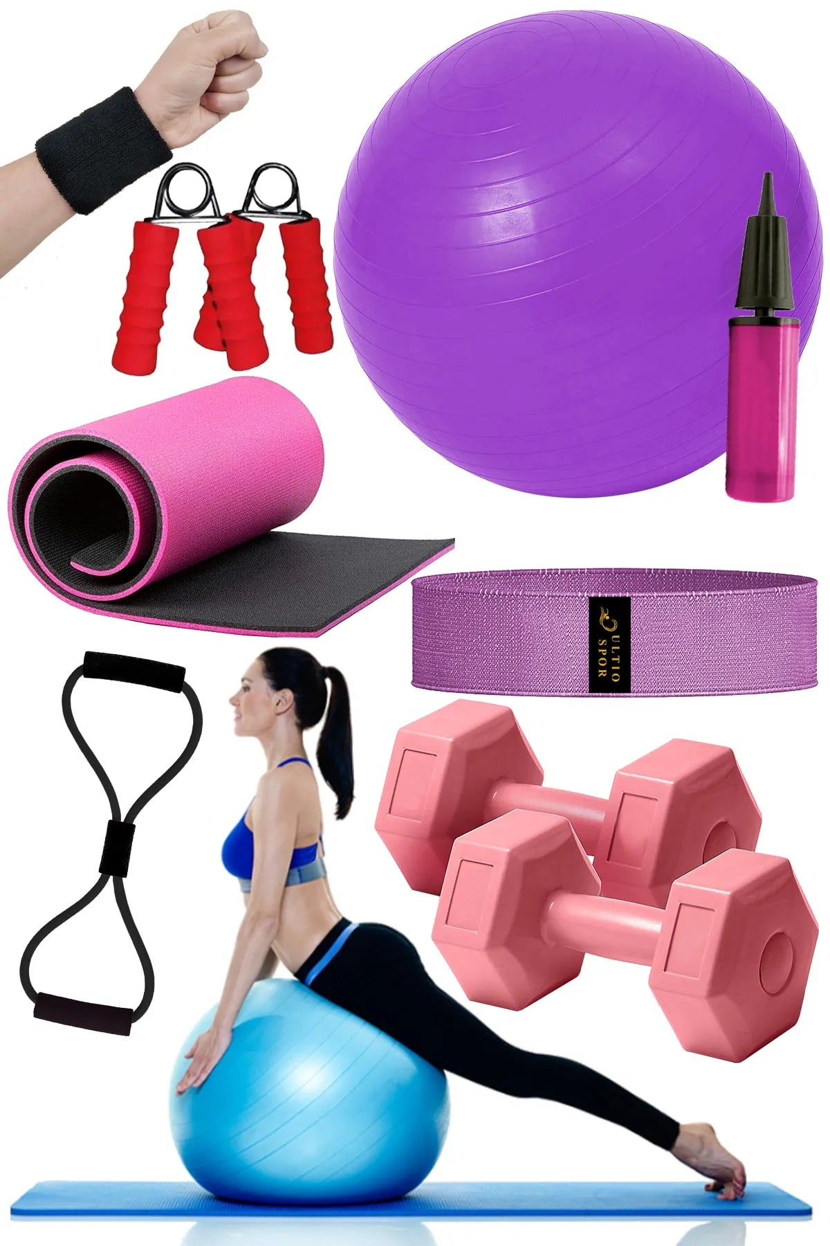 8 Parça Pilates ve Yoga Seti – Tam Ekipman (Mor)