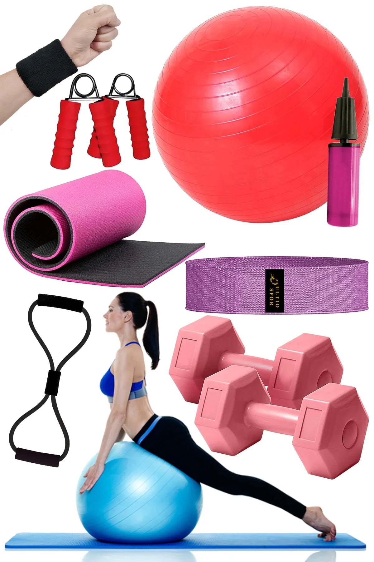 8 Parça Pilates ve Yoga Seti – Tam Ekipman (Kırmızı)